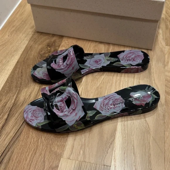 Dolce & Gabbana Black and Pink Floral Sandals